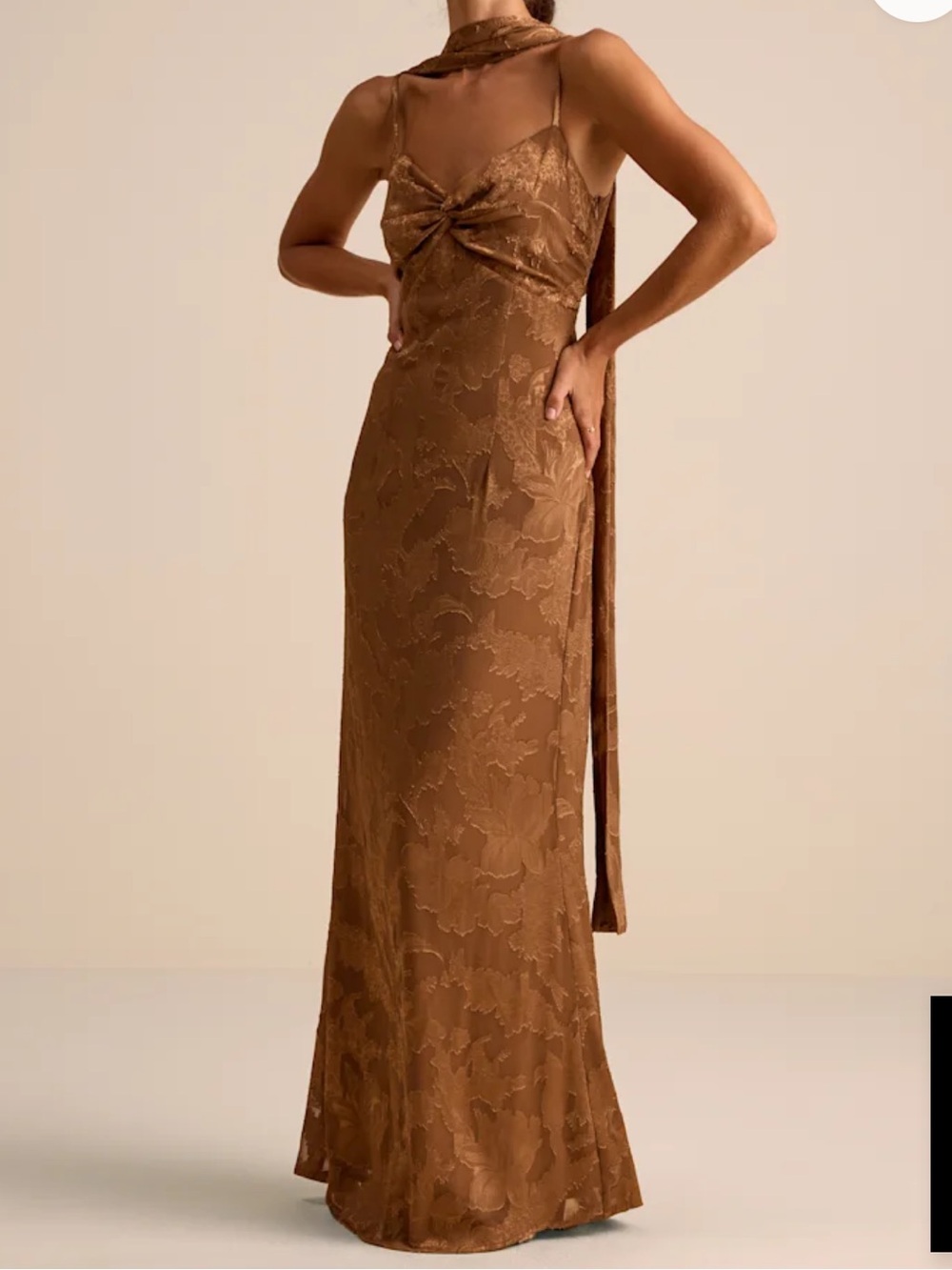 Lulus Rashona Light Brown Burnout Sash Scarf Maxi Dress